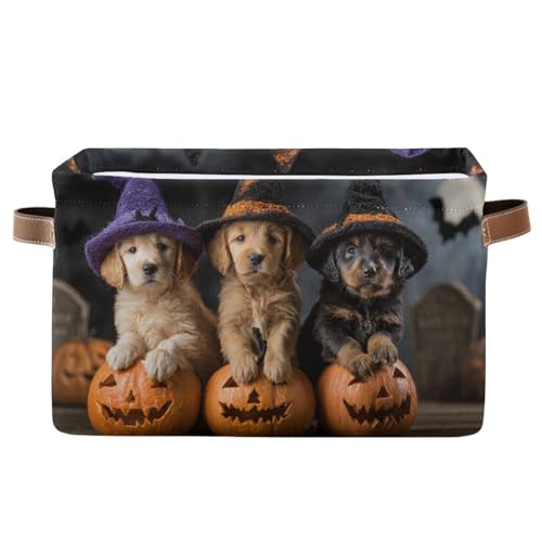 Image of Aslsiy Storage Basket Puppies Witch Hat Pumpkin Halloween Nursery Bins Baby Box Canvas Clothes Shelf Basket Laundry Hampers 1 Pcs