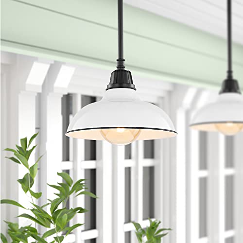 Image of JONATHAN Y Jasper 1-Light Farmhouse 12.25 inch Metal Pendant, White /Black | Indoor Outdoor Use, Rustic Vintage Dome Shade, Adjustable Height, Kitchen Island Porch Entryway, LED Bulb Included