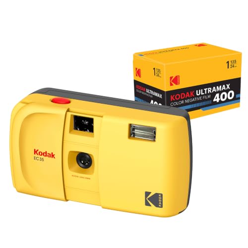 Kodak EC35 35 mm Film Kamera, Yeniden Kullanılabilir, Odaklanmaz, Dahili Flaş, Slayt Kapağı, Başlangıç Dostu (Tereyağı Sarısı). Kodak Ultramax 400/24EXP 35 mm rulo film ile demet