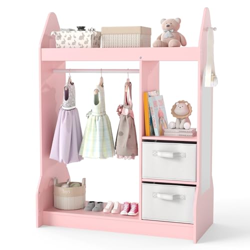 GOPLUS Armario de Almacenamiento para Niños, Ropero con Espejo de Cuerpo Entero, Estantes, Ganchos, 2 Cajas de Tela, Organizador para Juego Imaginativo, Armario de Madera para Dormitorio (Rosa)