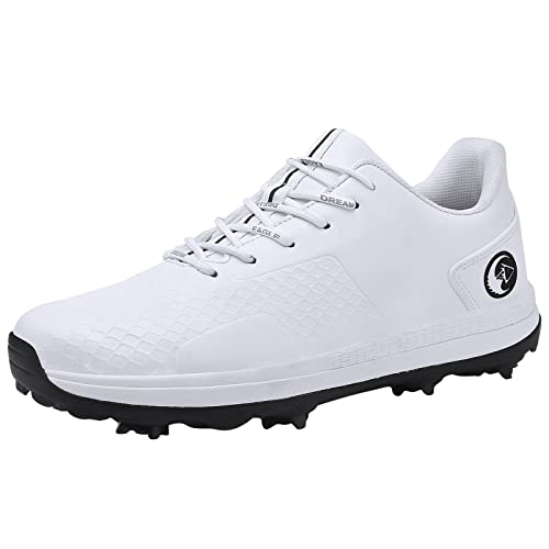 SDEQA Men's Golf Shoes with Spiked Waterproof Leather Sneakers Wide Fashion Trainers Non-Slip for Kids Adults,White b,12
