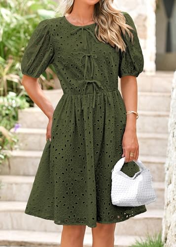 Image of KIRUNDO Eyelet Summer Dresses for Women 2025 Short Sleeve Tie Front Babydoll A Line Wedding Guest Beach Vacation Sundress