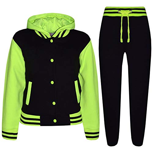 A2Z 4 Kids Tracksuit Girls Boys Baseball Plain Top Bottoms Jogging Running Suits - T.S B.B Plain Black & Neon Green 9-10