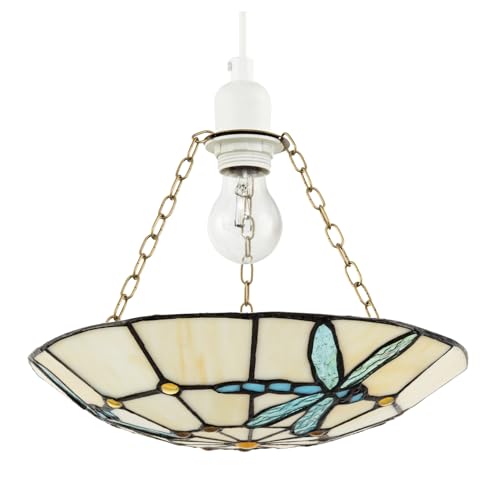 Chic Aqua Sky Blue and Emerald Green Dragonfly Tiffany Glass Pendant Light Shade | 31cm x 6cm | Amber Glass Round Beads by Happy Homewares