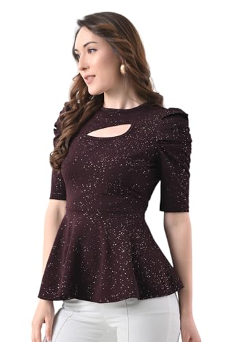 Image of Women's Glitter Peplum Top with Keyhole Neck | Puff Sleeve Top
