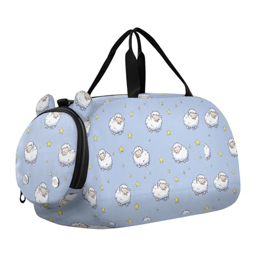 Blue Cute Sheep and Yellow Stars CuwrYet Duffel Bag Sports Gym Bag Travel Overnight Bag With Shoe Compartment School Dance Tote Weekender Bag For Boys Girls Kids