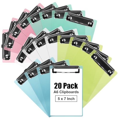 Paquete de 20 portapapeles de plástico de 4.7 x 7.3 pulgadas, clips de perfil bajo, portapapeles pequeños, tamaño carta A6 estándar en rojo, amarillo, verde, azul, blanco para uso en aula y oficina