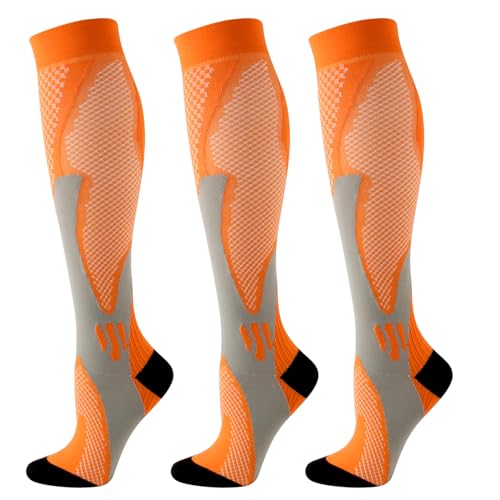 Orange Compression Socks for Women Men Circulation Knee High 3 Pairs for Nurses, Running, Travel, Athletic