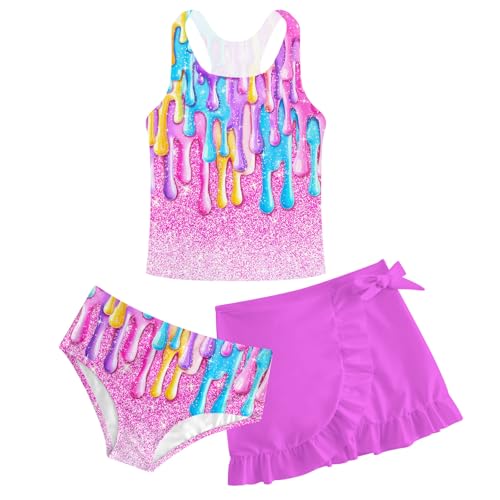 Image of Girls Swimsuit 3 Piece Bathing Suit Quick Dry Tankini Set with Cover Up Beach Skirt Tankini Swimwear 5-16 Years