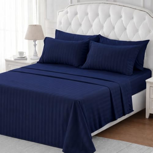 Image of Queen Size Bedsheets for Single Bed 600 TC - Cotton Elastic Fitted Sheet (66 x 75 Inches) with 10 Inch Drop- Color Navy Blue Stripe [ Fitted Sheet with 2 Pillow Cover]