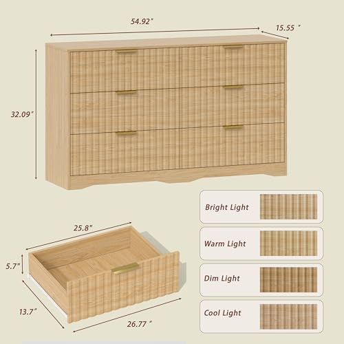 Image of Fluted 6 Drawer Dresser for Bedroom, 55 inch Wide Modern Wooden Chest of Drawers with Metal Handles, TV Stand & Closet Storage Organizer for Living Room,Hallway, Natural Wood