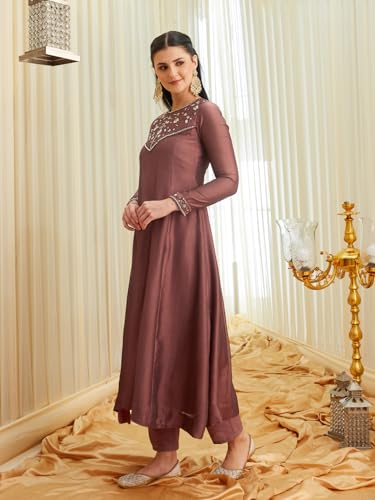 Image of MOKOSH Women's Silk Hand Work Anarkali Kurta Pant with Dupatta | Anarkali Kurta Pant | Embroidered | Round Neck Full Sleeve | 3 Piece Outfit | Ethnic Wear