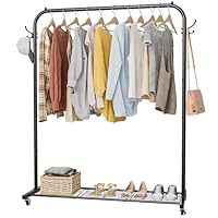 Clothes Rail, Portable Clothes Rack with Hook and Metal Storage Shelf, Heavy Duty Clothes Rail on Wheels, Clothing Rail Clothes Rails for Bedroom, Hanging Rails for Clothes, Holds up to 40 kg, Black