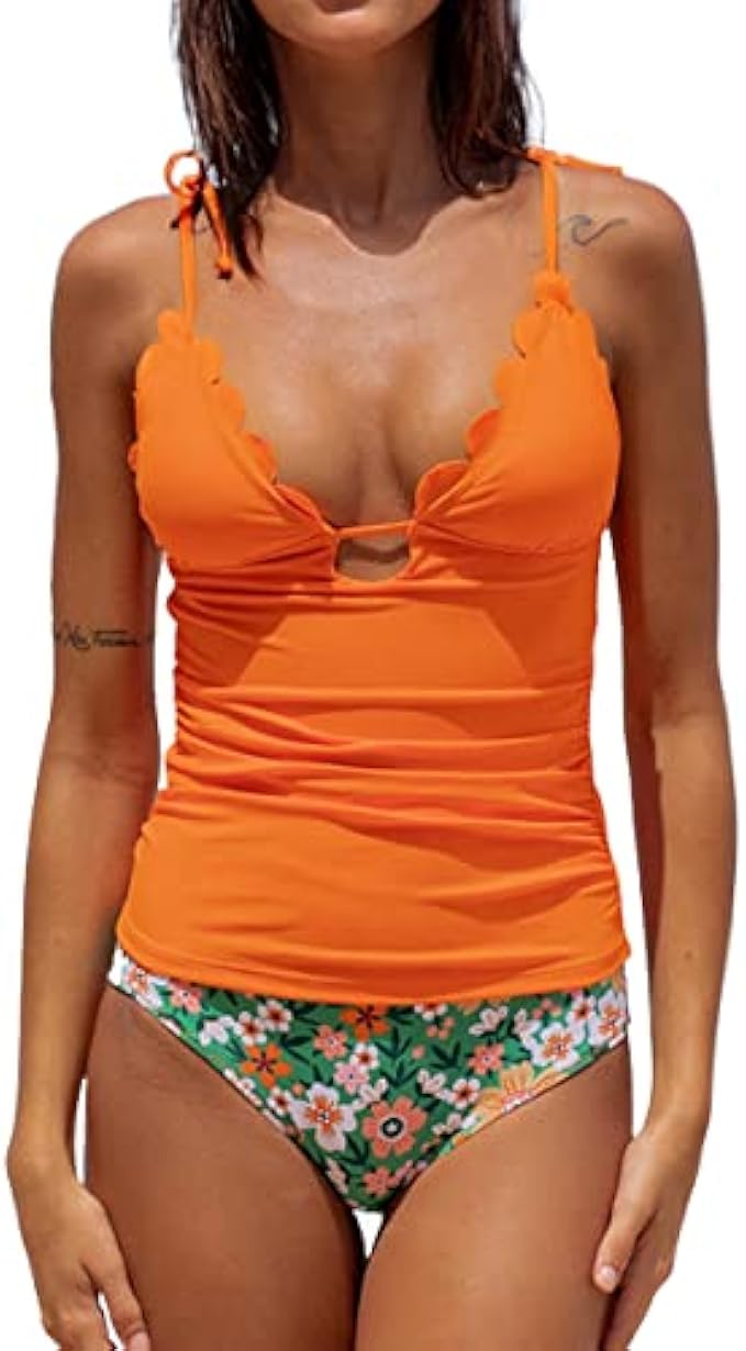 Beachsissi Women Tie Shoulder Swimsuits Scolloped Tummy Control Printed Tankini Set