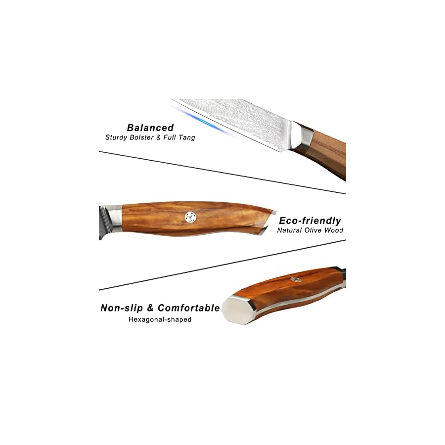 Fzkaly Steak Knives, 5" Steak Knives Set of 6, Damascus Steak Knives, Super Sharp Non-serrated Steak Knife Set in Gift Box, Full-Tang Ergonomic Olive Wood Handle