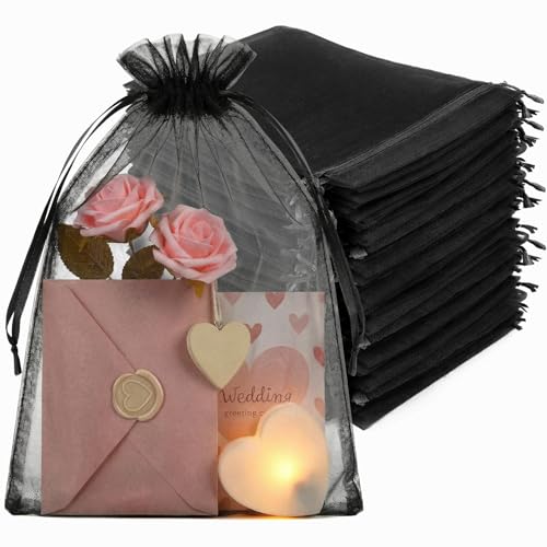 Crweety 50PCS Black Organza Bags 8x12 Large Mesh Bags Drawstring for Gifts Treats Wedding Favors Makeup Soap Sachet Goodie Candy Jewelry Packaging Bags for Birthday Graduation Baby Shower Party