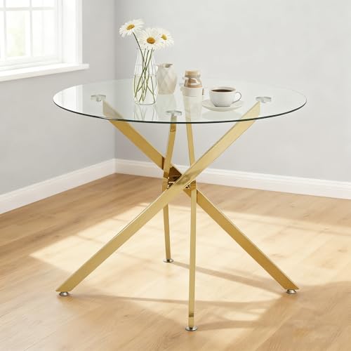 Calivra Table à manger ronde 80 x 80 x 76 cm - Table en verre avec plateau en verre trempé et pieds en métal doré - Table de salle à manger moderne pour 2...