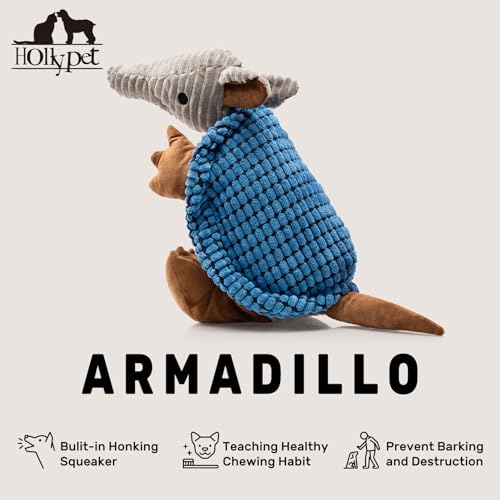 Image of Hollypet Plush Dog Squeaky Toy Stuffed Armadillo Animal Pet Puppy Chew Toys with Clean Teeth for Small Medium Large All Breed Sizes Dogs, Blue, 14 in