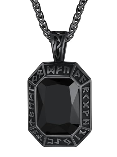 Image of ChainsHouse Viking Rune Pendant Necklace for Men Women, Punk Biker Black Metal /316L Stainless Steel Onyx Norse Vintage Amulet Necklaces with Black /Red /Green /Blue Gemstone, Send Gift Box