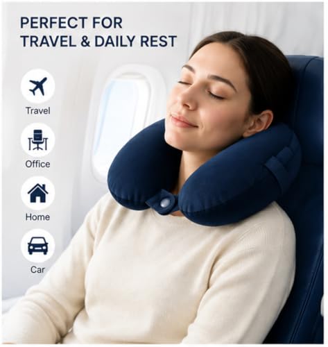 Image of Travel Neck Pillow for Adults, Fiber Filled U-Shaped Neck Support Pillow with Button Closure, Soft Plush Neck Cushion for Airplane, Car, Office & Travel (Light Blue)