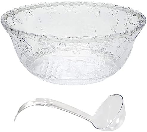 Premium Large Clear Punch Bowl Plastic Lightweight 2 Gallon with Clear Plastic Serving Ladle 5 oz Embroidered Design 8 Quart Serving Bowl