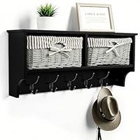 Taylor & Brown Wall Mounted Coat Rack – Black Shelf with 2 Grey Wicker Baskets & 5 Double Hooks – Hallway Storage & Entryway Organiser for Coats, Bags & Scarves