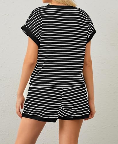 Image of MISSACTIVER 2 Piece Lounge Set Women Stripe Knit Short Sleeve Tee Shirts Shorts Casual Summer Loungewear Shorts Sets