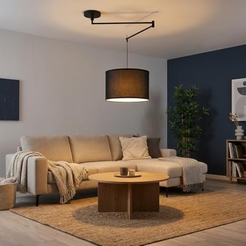 BARCELONA LED Lampada a Sospensione Nera con Braccio Articolato E27 Paralume in Tessuto, Lampadario Stile Industriale Vintage Nordico Minimalista, Lampada da Soffitto Orientabile per Camera Salotto