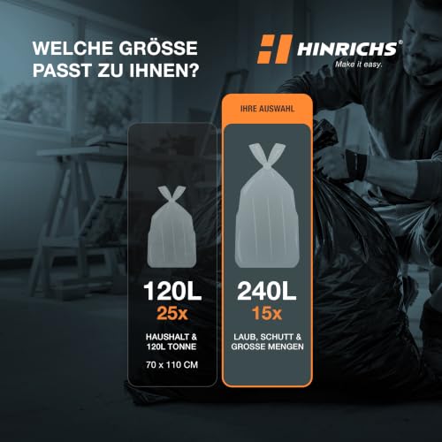 Hinrichs Müllsäcke 240L schwarz, extra stark 50 my, 100x125 cm, 15 Stück – Ansicht 2