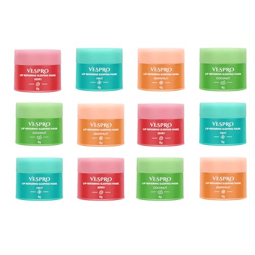 VESPRO 12 Pack Lip Sleeping Mask, Nourish and Hydrate Lip Mask With Vitamin C and Coconut Oil, Lip Masks for Dry Lips, Improve Lip Color and Reduce Lip Lines, Overnight Lip Treatment