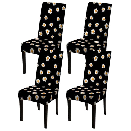 Image of Nuxovilar 4PCS White Daisy Black Background Stretch Chair Covers | Stretch Slipcover Furniture Protector Daisy Wrap Seat Guard Dining Room Kitchen Cafe House (White Daisy Pattern)