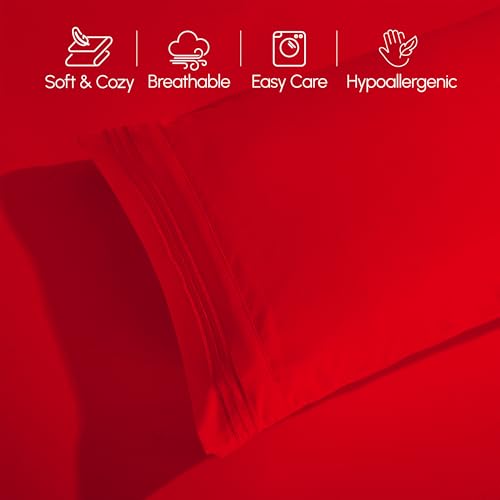 Image of Elegant Comfort Luxurious 1500 Premium Hotel Quality Microfiber Three Line Embroidered Softest 5-Piece Bed Sheet Set, Wrinkle and Fade Resistant, Split King, Red