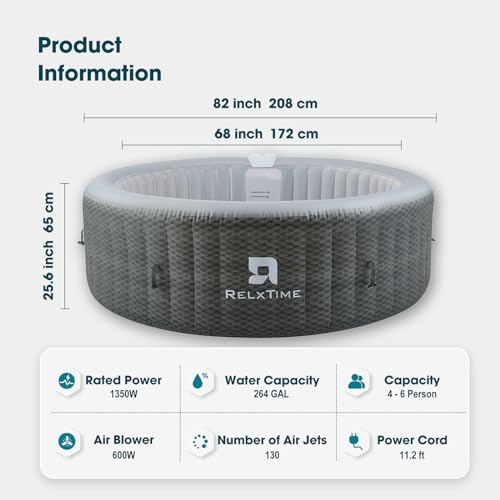 RELXTIME 4-6 Person Portable Inflatable Hot Tub Round Outdoor Spa Blow Up Hottub with Control Panel, 130 Soothing Bubble Jets, with Heater Pump, Filter Cartridge, Grey - Thumbnail 3
