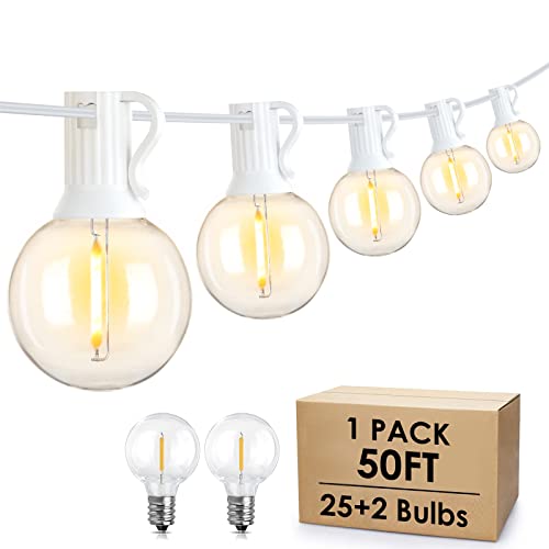 Mlambert 50Ft Outdoor String Lights, G40 Globe Patio Lights with 25+2 Waterproof Shatterproof LED Bulbs for Balcony Porch Bistro Deck-White Wire
