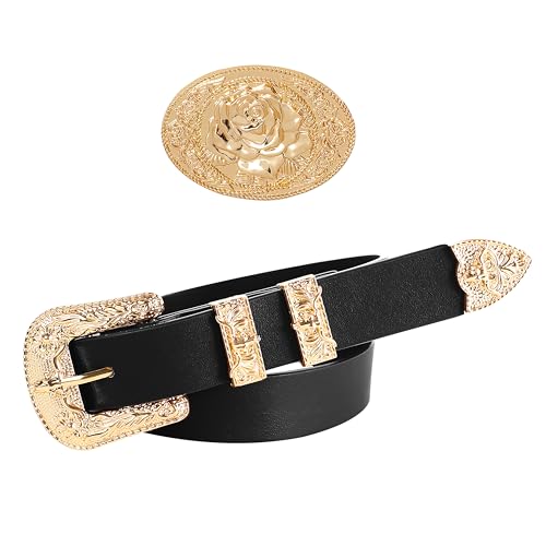 Scarlet Darkness Womens Western Belt for Jeans 2 Gold Buckles PU Leather Renaissance Accessories