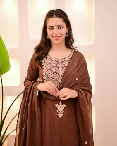 Image of Nermosa Women Embroidery Solid Straight Kurta and Pant Set with Dupatta