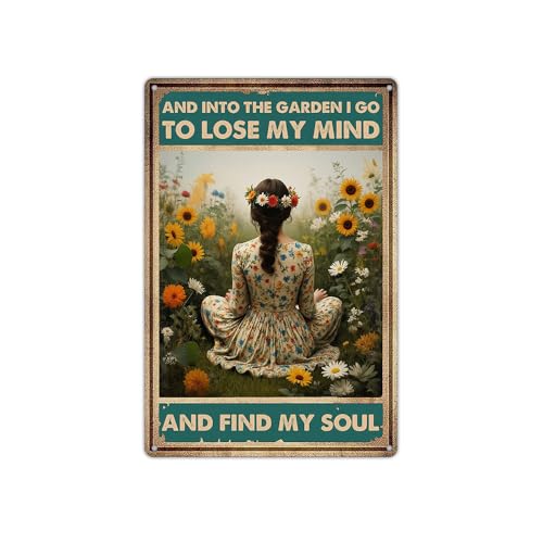 Funnysign Garden Gifts Vintage Metal Tin Sign – “And Into the Garden I Go to Lose My Mind and Find My Soul” Rustic Floral Wall Art for Home, Patio, Garden Décor – 8x12 Inches (9849)