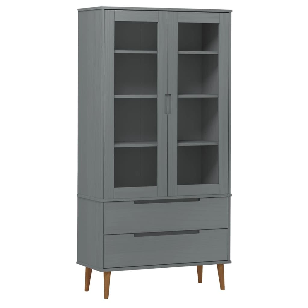 vidaXL Vitrinenschrank, Vitrine mit 2 Schubladen 4 Fächern, Bücherregal mit UV-Lackierung, Bücherschrank Schrank Büroschrank, Grau Massivholz Kiefer