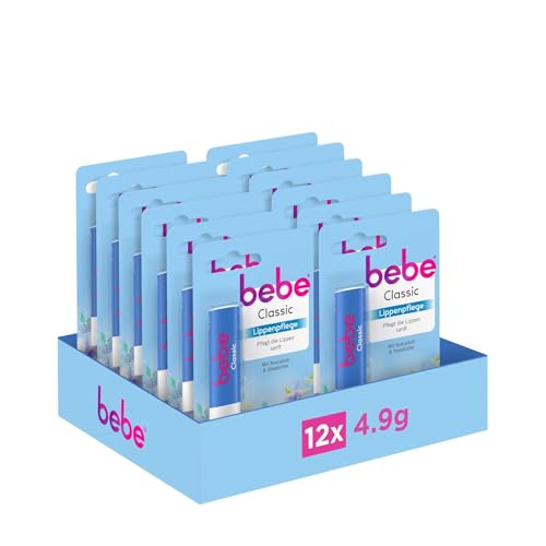 bebe Classic Lippenpflege (12 x 4,9 g), Lippenpflegestift mit Avocadoöl & Sheabutter, pflegt die Lippen sanft mit 98% Inhaltsstoffen natürlichen Ursprungs & ohne Mineralöle