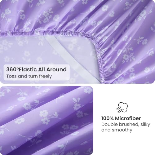 Image of Viviland Full Sheet Set - 4 Piece Cute Purple and White Flower Patterned Bed Sheets - Soft, Breathable Microfiber Sheets with Deep Pocket, Non-Slip Fitted Sheets & Pillowcases