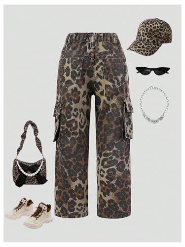 WDIRARA Toddler Girl's Leopard Print Cargo Jeans Flap Pocket Straight Leg Denim Pants2