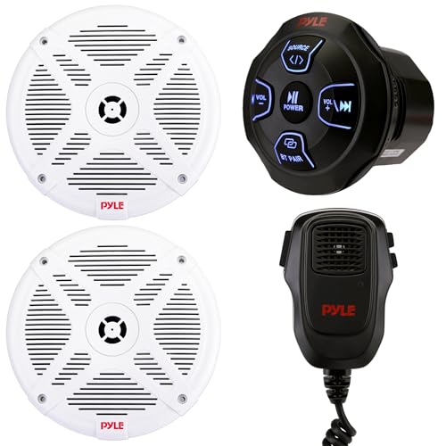 Pyle Dual 6.5 Waterproof Marine Audio Kit with Bluetooth Amplified Receiver & Handheld Microphone Complete Onboard Sound System with 6.5 Marine Speakers for Boats and Watercraft (White)
