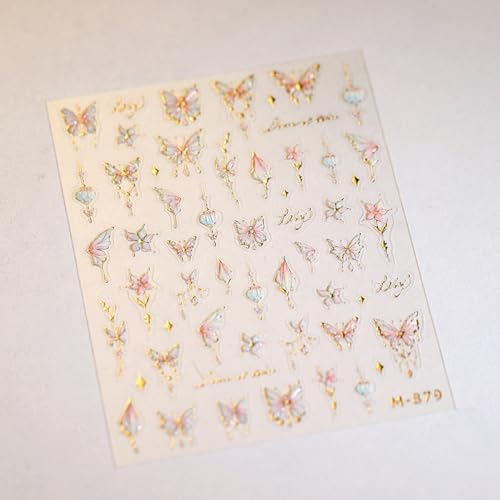 Image of Butterfly Nail Art Stickers Flower Nails Decals with Gold Design Pink Floral Nail Sticker for Nails Art 5D Embossed Self Adhesive Nails Charms for Women Girls Manicure DIY Decoration