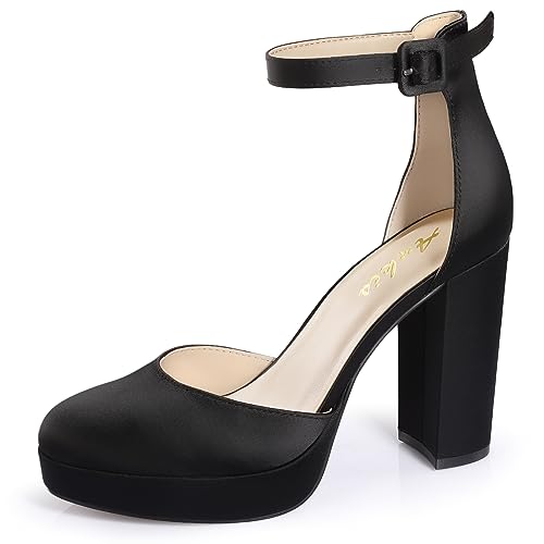 Image of Ankis Black Platform Closed Toe Heels for Women, Womens Heels Closed Round Toe Chunky Block Pumps Shoes, 4 Inch
