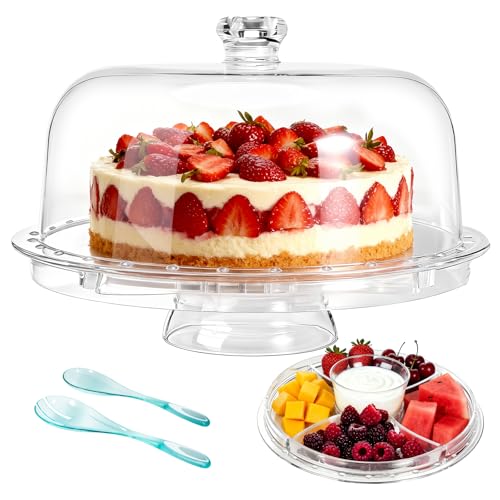 Masthome Présentoir à Gâteaux avec Dôme Transparent, Stand à Gateau avec Cloche, Plateau Gateaux Presentoire sur Pied pour Pâtisserie/Desserts - Envoyer 1 Fourchette et 1 Cuillère