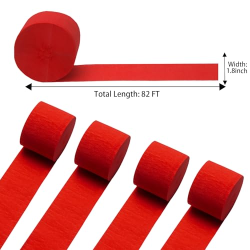 Image of Red Crepe Paper Streamers 4 Rolls 328ft, Pack of Party Streamers for Valentines Day Decorations, Crepe Paper for Birthday, Baby Shower, Wedding Party Decorations (1.8 Inch x 82 Ft /Roll)