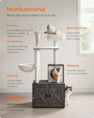 Image of Feandrea Cat Tree with Litter Box Enclosure, 59-Inch Modern Cat Tower | 2-In-1 Condo with Scratching Posts, Washable Removable Cushion, Misty Gray UPCT113G02