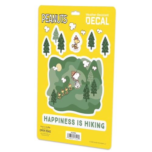 Image of Peanuts Snoopy Happiness is Hiking Adhesive Vinyl Decal Pack | Fun Stickers for Laptop or Water Bottle, 1 pack (7 count)
