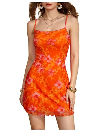Image of Floerns Women's Summer Spaghetti Strap Cowl Neck Satin Mini Tropical Dress