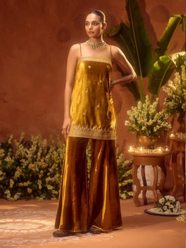 Image of FIORRA Women Ocher Yellow Ice Velvet Embroidered Kurta Set with Dupatta
